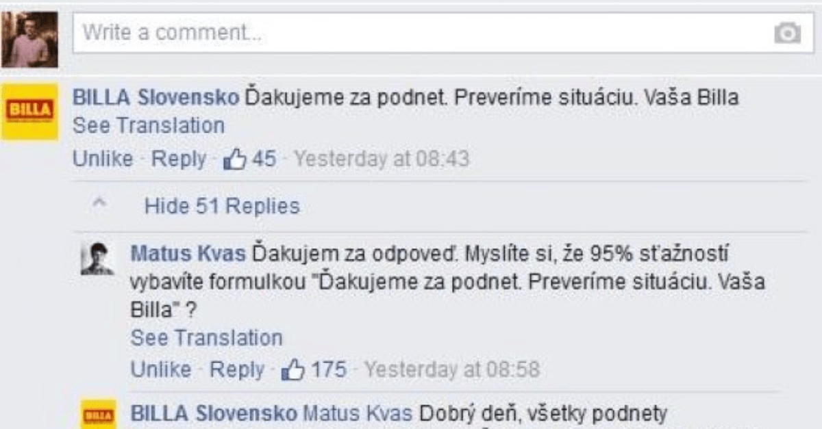 Zákazník sa prostredníctvom FB sťažoval na dlhý rad v Bille