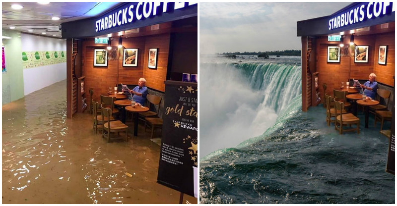 20 Obrázkov: Bezstarostne sediaci muž v zatopenom starbuckse spustil ďalší Photoshop battle