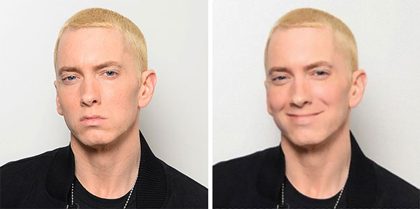 Eminem sa na fotkách nikdy neusmieva. Chlapík sa rozhodol, že mu úsmev vytvorí pomocou Photoshopu a výsledok ťa zaručene dostane!