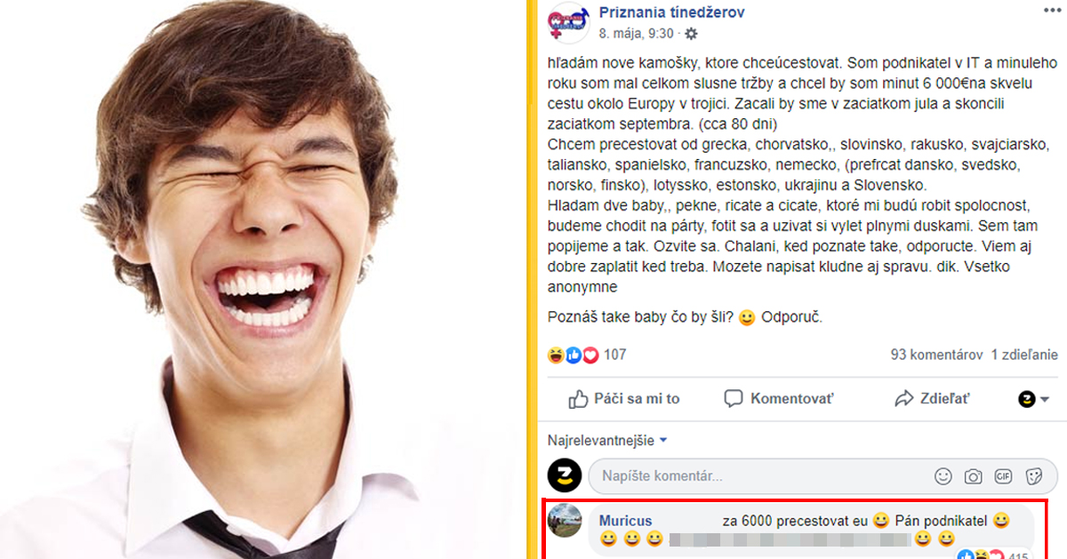 „Podnikateľ“ hľadá dve baby na výlet okolo Európy za 6.000 EUR. Ľudia ho nenormálne vtipne zhejtovali.