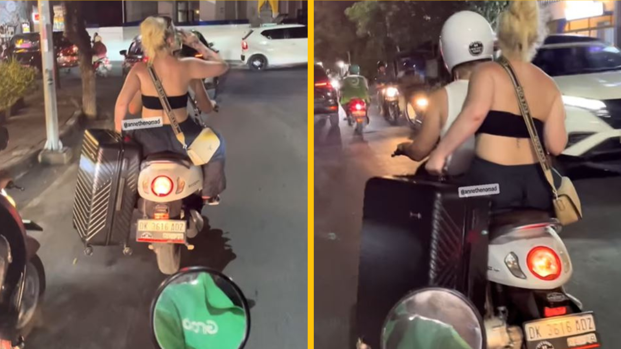 Turistka z Bali bola videná na skútri s batožinou v jednej ruke a pivom v druhej