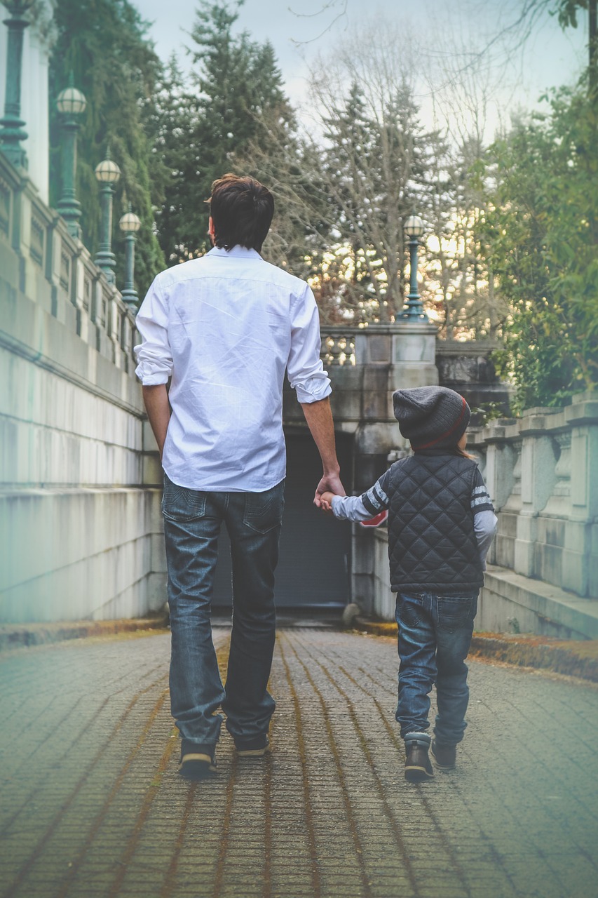 father, son, walking