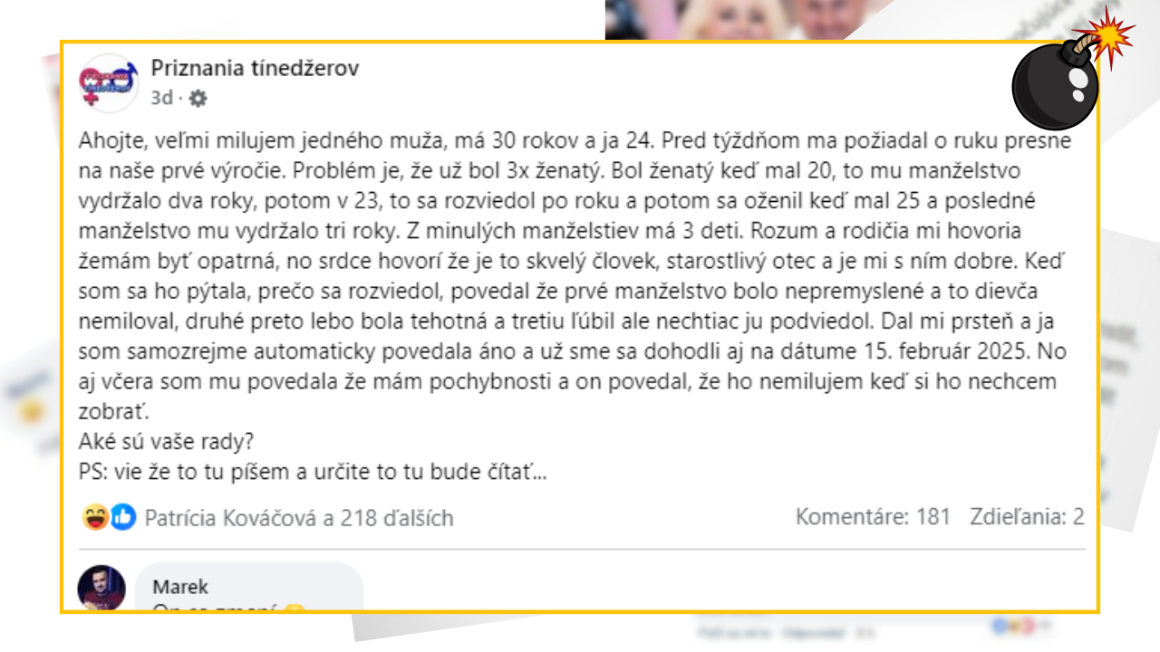 Bomby zo sociálnych sietí #1074 – chce si vziať chalana, čo je už 3x rozvedený, dostala vtipné rady
