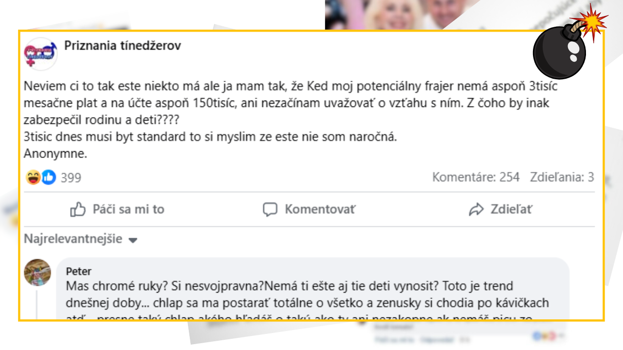Bomby zo sociálnych sietí #1143 – potrebuje mať frajera, ktorý zarába minimálne 3.000 EUR mesačne, Peter naložil jej a všetkým zlatokopkám