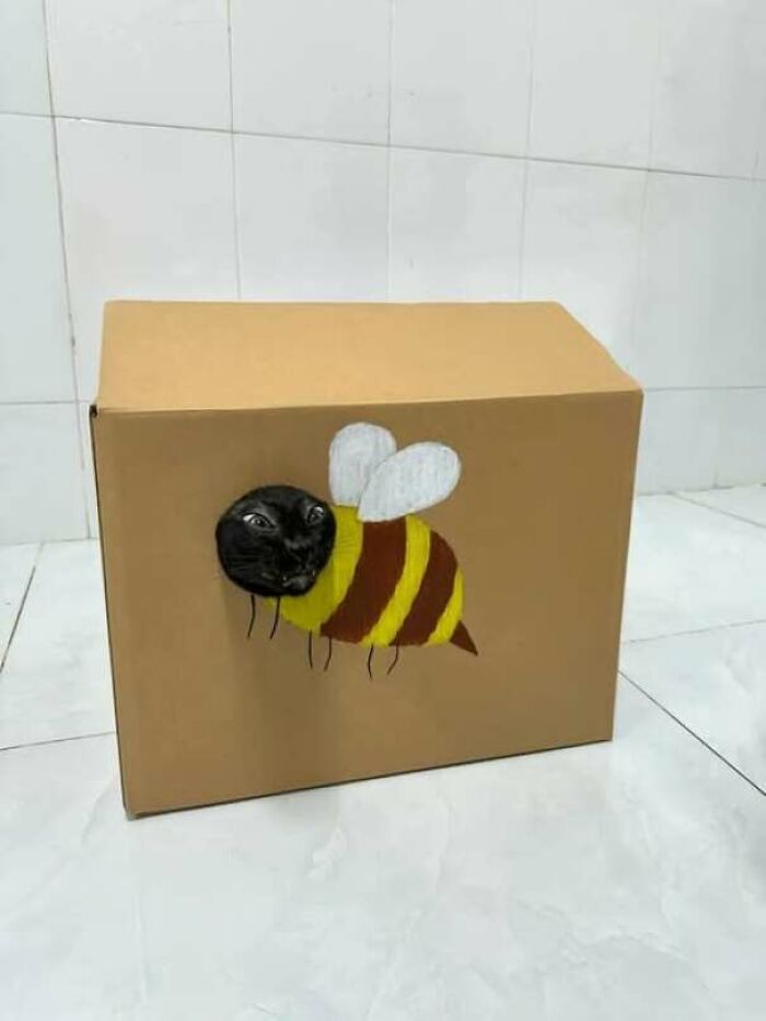 Otvor pre hlavu a namaľované pásiky vytvárajú kartónový kostým.