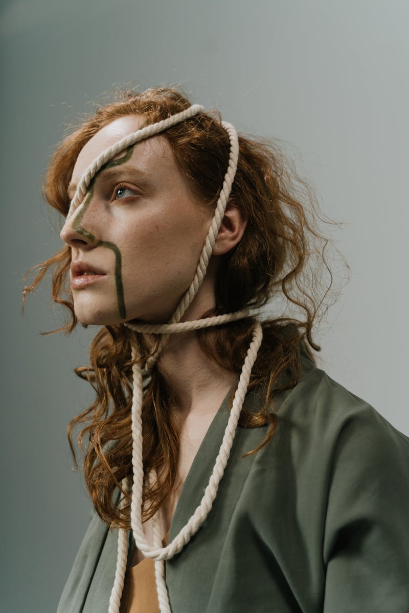 Artistic side view portrait of a woman with ginger hair and ropes, symbolizing stress.