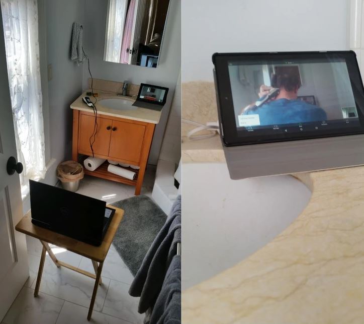 Dve zariadenia prenášajú zadnú časť hlavy na displej v popredí.