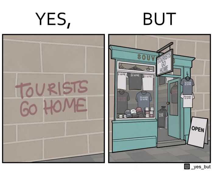 Dva panely: nápis Tourists go home na stene a vedľa obchod so suvenírmi.