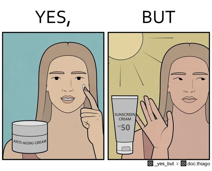 Postava s téglikom anti-aging krému a v druhom paneli odmietajúca ponúkaný opaľovací krém.