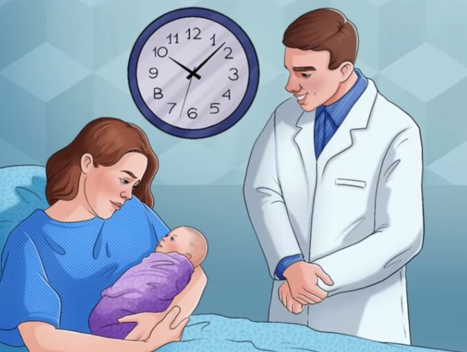 Ilustrácia ženy s bábätkom, postavy v bielom plášti a nástenných hodín na hľadanie nesprávneho detailu