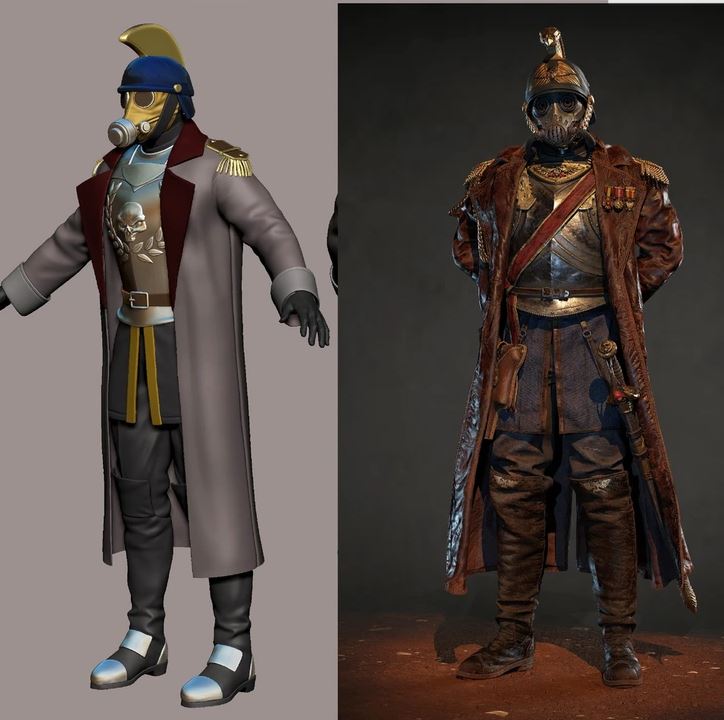 Dvaja vojaci v historickom a futuristickom steampunk oblečení, porovnanie postáv, umelecké stvárnenie.