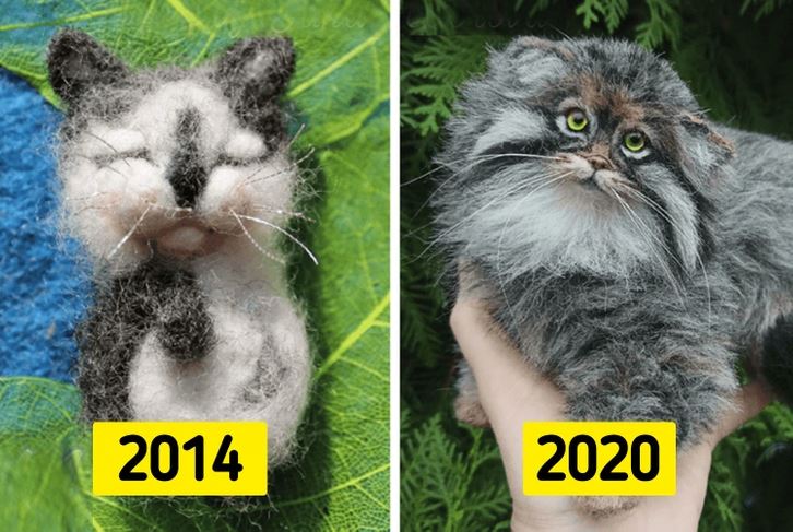Vývoj plsteného mačiatka od roku 2014 do 2020, ručne vyrobené umelecké diela.