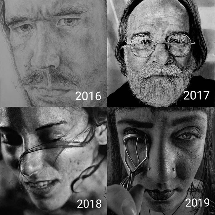 Portrétna kresba tvárí štyroch ľudí z rokov 2016-2019 v čiernobielom prevedení.