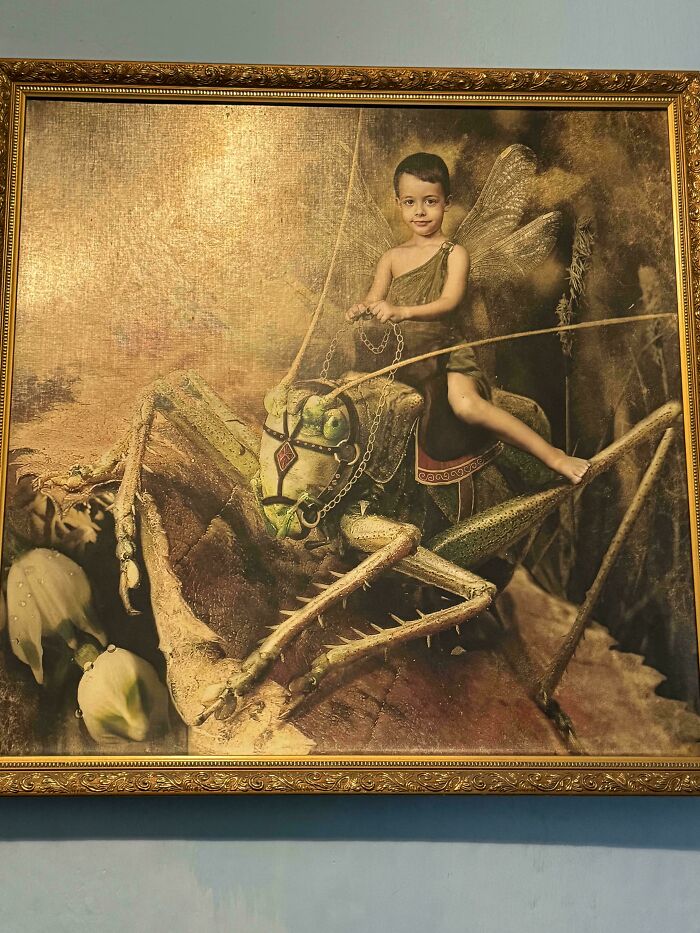 Chlapec jazdí na obrovskej kobylke v magickom obraze v zlatom ráme.