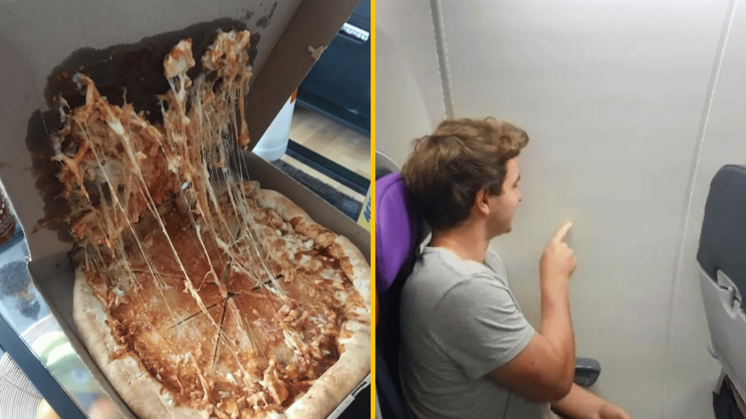 Pizza s roztaveným syrom prilepená na obal vedľa muža ukazujúceho na prázdnu stenu.