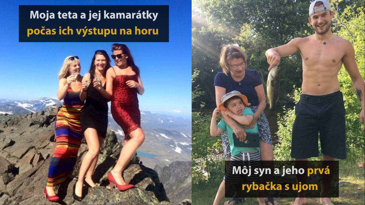 Ženy na vrchole hory so slnečným nebom a úsmevom; dieťa s tetou a mužom, ktorý drží ulovenú rybu vo slnečnom parku.