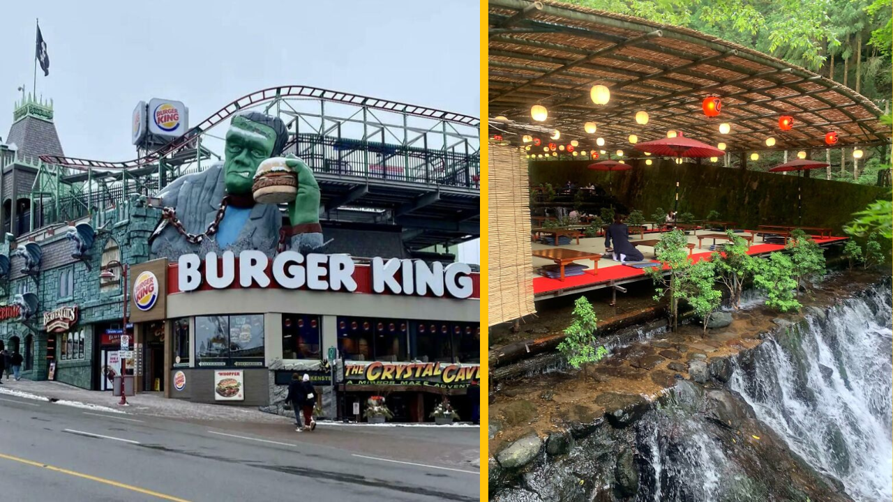 Burger King s obrovskou sochou a japonská reštaurácia nad potokom, atmosférické miesta na jedinečné stravovanie.