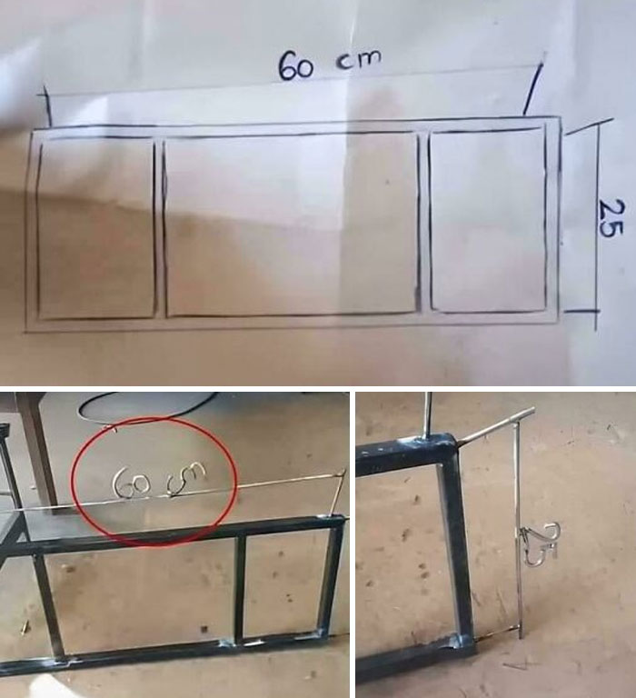 Náčrt regálu a reálne prevedenie s nesprávnymi proporciami. Dĺžka 60 cm na obrázku a fyzická realizácia.