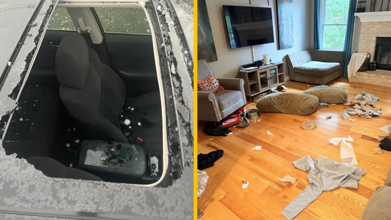Auto s rozbitým oknom a neporiadok v obývačke, pravdepodobné následky nárazu krupobitia.