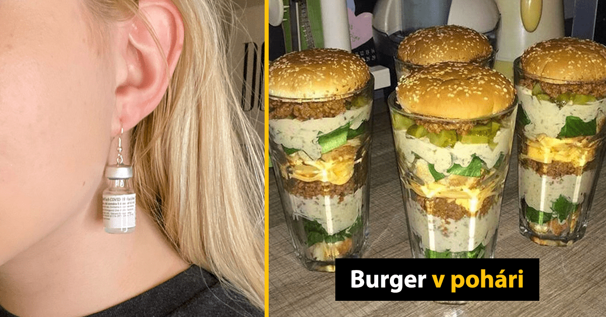 Osoba s náušnicou v tvare ampulky, vedľa poháre plné burgrov so zeleninou a syrom, text Burger v pohári.