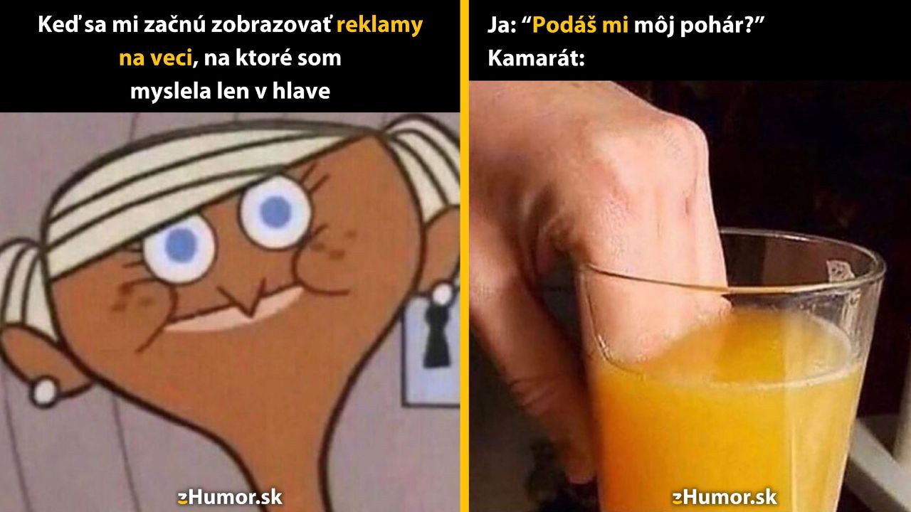 Animovaná postava s pobaveným výrazom a ruka v pohári džúsu. Textové vtipy o reklamách a podaní pohára.