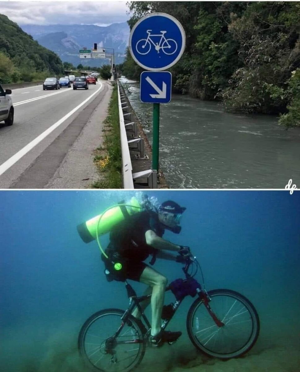 Cyklistická značka a pod ňou obrázok potápača na bicykli.