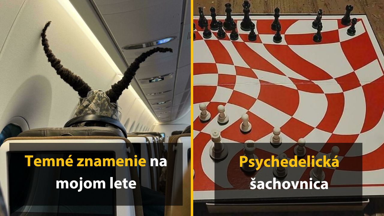 Cestujúci s nezvyčajnými copmi v lietadle a zvlnená šachovnica na hracom poli.