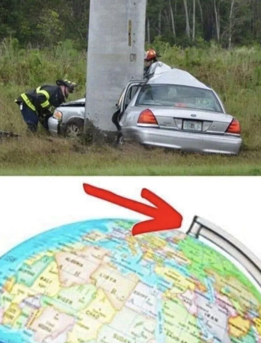 Koláž auta pri stĺpe a zemegule s vyznačenou osou.
