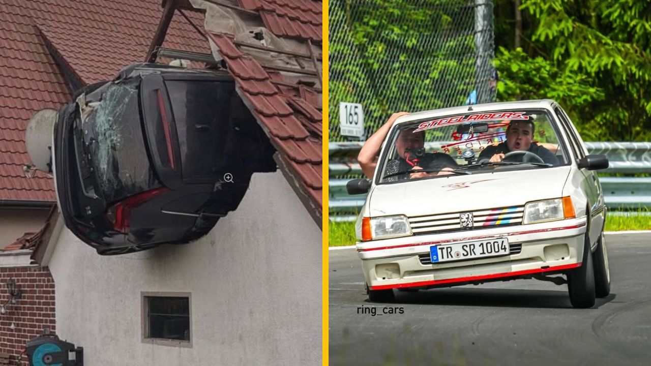 Auto v stene domu a biely Peugeot na pretekárskej trati s nadšenými pasažiermi.
