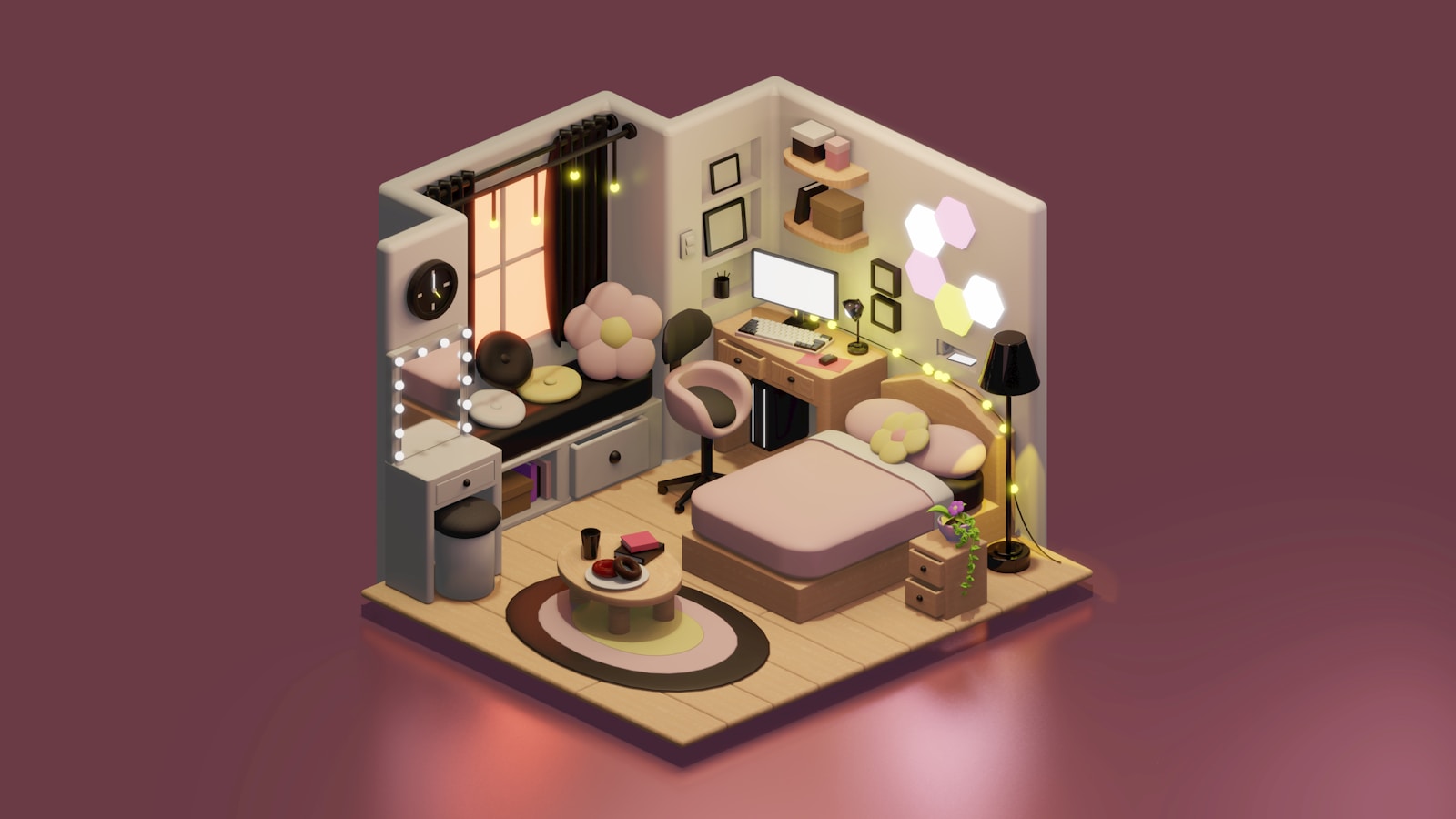 A living room with a bed and a desk
