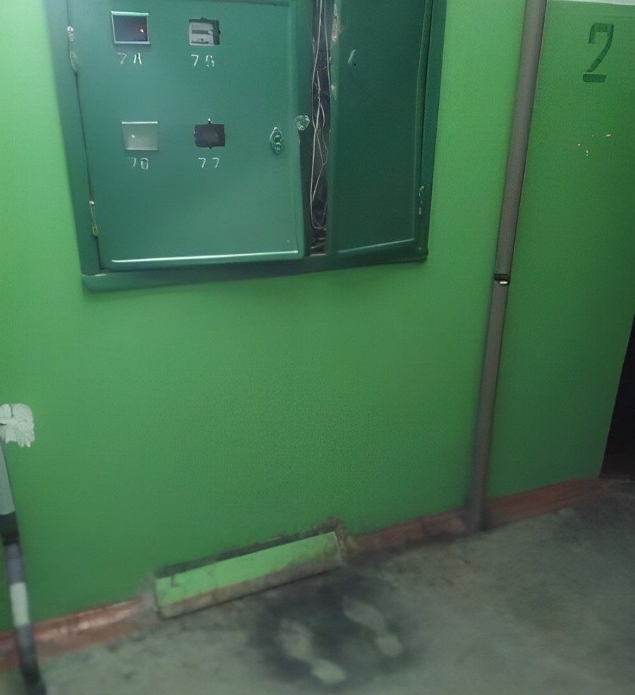 Zelené dvere s elektrickou skrinkou a tmavou stopou pri spodnej hrane.
