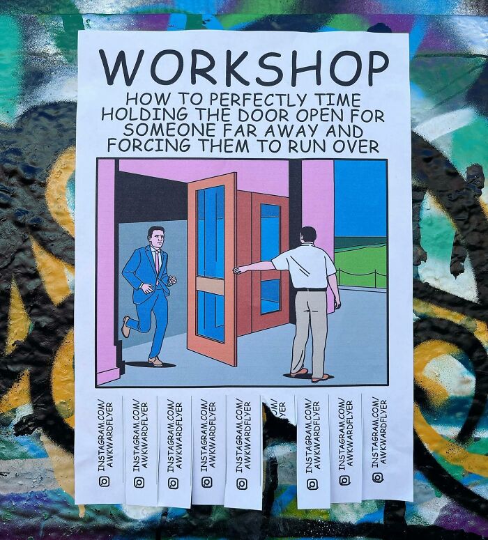 Workshop plagát: ako načasovať otvorenie dverí pre vzdialenú osobu, aby musela bežať. Humorné umenie na stene.