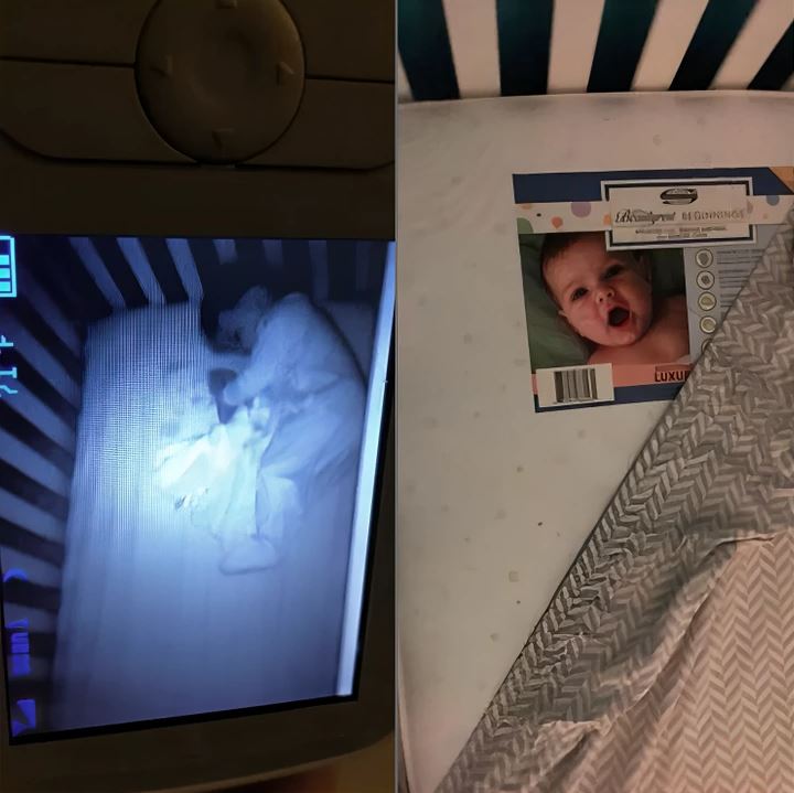 Dieťa spí v postieľke, vedľa návrh obalu s usmiatym bábätkom a informáciami o matraci.