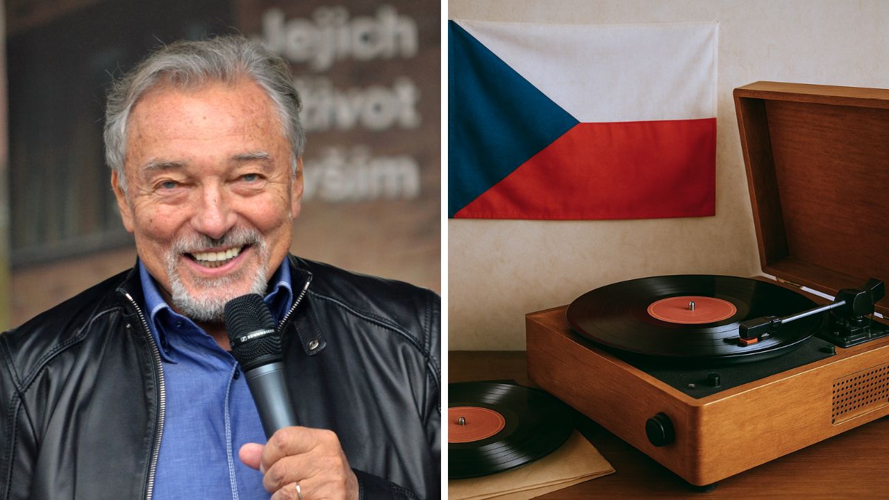 Osoba s mikrofónom vedľa gramofónu a českej vlajky. Retro hudobný motív.