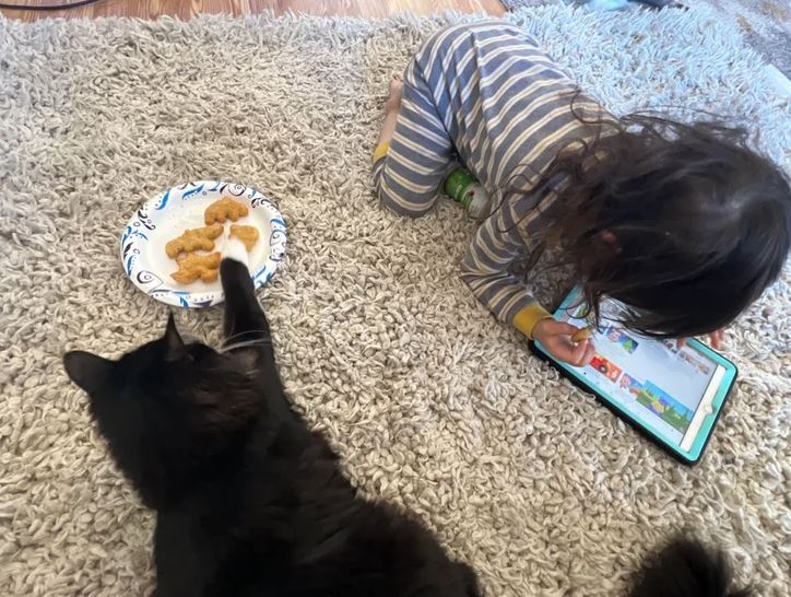 Dieťa na koberci s tabletom, zatiaľ čo čierna mačka sa naťahuje po tanieri s jedlom.