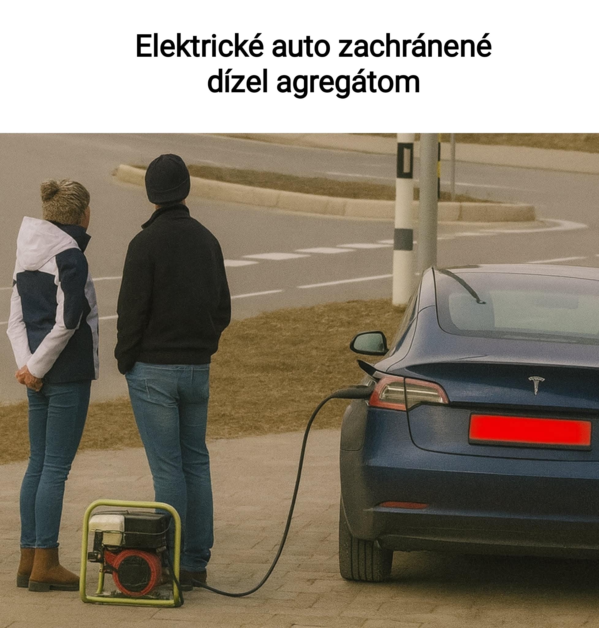 Elektrické auto dobíjané na ceste pomocou dieselového generátora, dve osoby stoja vedľa nabíjania.