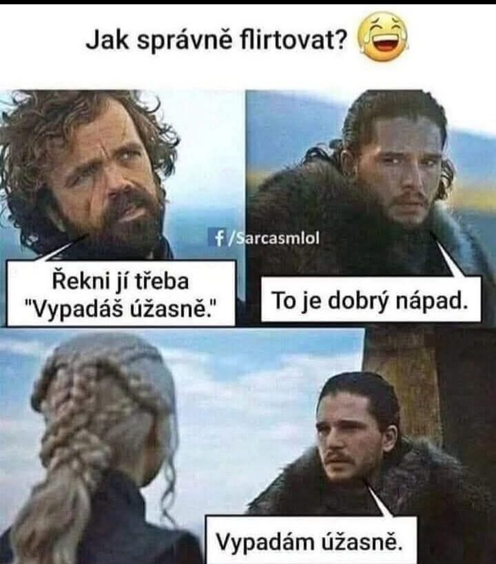 Postavy diskutujú o flirtovaní, s vtipným jazykovým nedorozumením na konci.