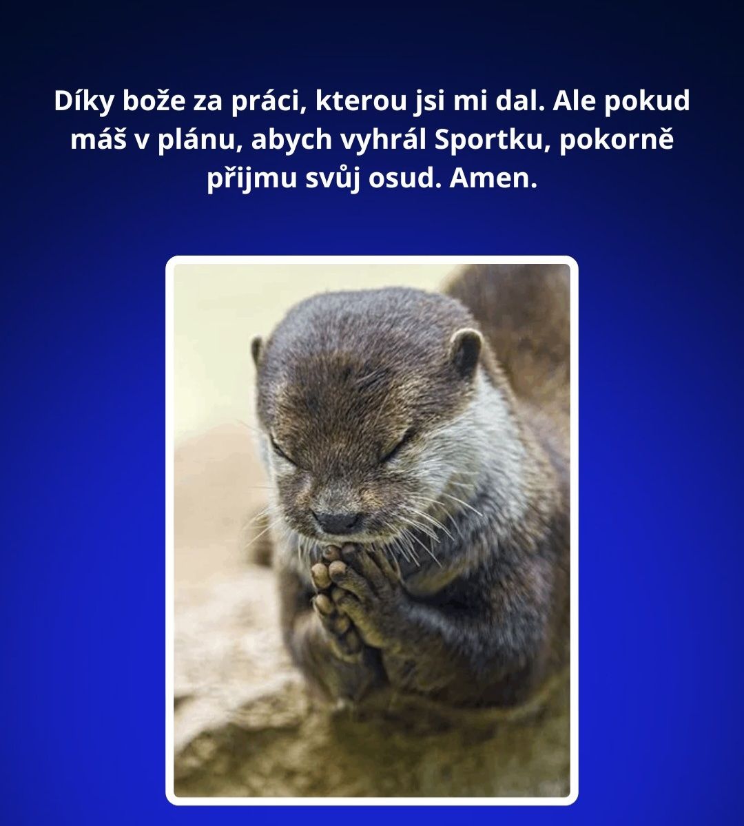 Vydra sa modlí s textom modlitby na modrom pozadí.