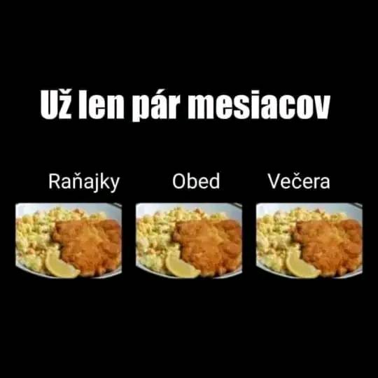 Rovnaké jedlo na raňajky, obed, večeru s textom ‘Už len pár mesiacov’ znázorňujúc monotónnosť stravy.