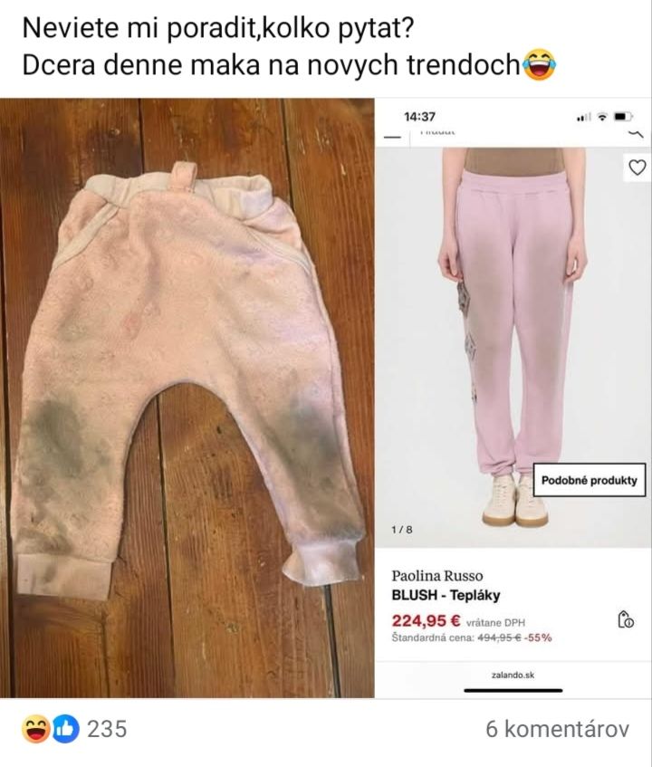 Detské tepláky s podobným vzhľadom ako dizajnérsky model za 224,95 €. Nový trend alebo vtipná zhoda?