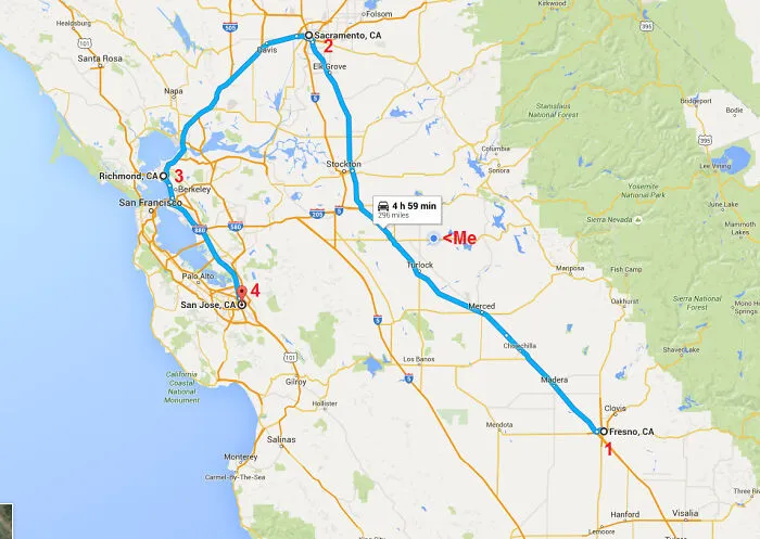 Mapa trasy medzi Fresno a San Jose, Kalifornia, s označenými bodmi záujmu a časom cesty 4 hodiny 59 minút.