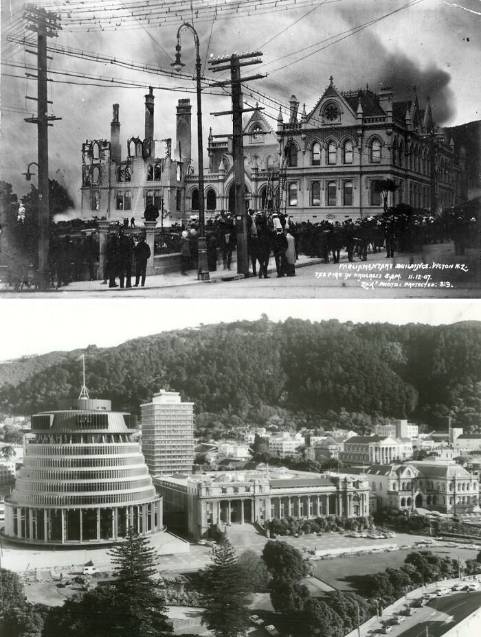 Historická zmena budov: požiar v roku 1907 vs. moderné kancelárie v Wellington, Nový Zéland.