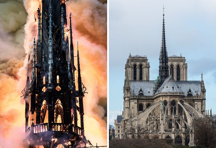 Požiar veže historickej katedrály a jej obnova v plnej kráse, symbol Paríža.