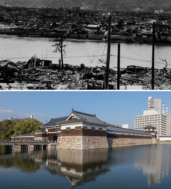 Čiernobiela a farebná fotografia zobrazujúca premeny mesta cez dekády; zničené ruiny a modernizovaná architektúra.