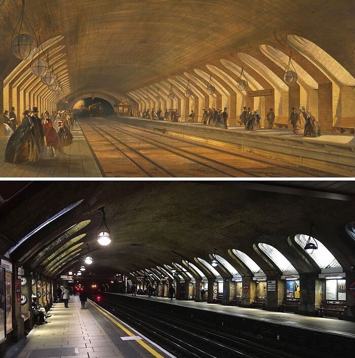 Historická a súčasná podoba stanice metra s oblúkovými stropmi a svetlami, zmeny v architektúre a dizajne.