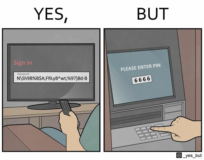 Obrázok porovnáva zložité heslo pre prihlásenie s jednoduchým PIN kódom na bankomate – bezpečnosť vs. pohodlie.