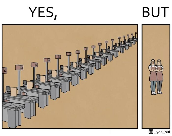 Prázdne pokladne v rade s nápisom „YES“ a dve čakajúce osoby s nápisom „BUT“ symbolizujú oneskorenie v obchode.
