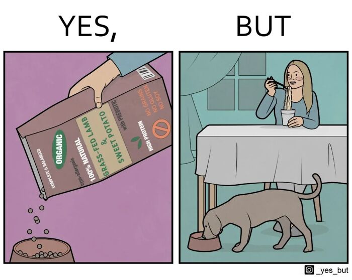 Žena kŕmi psa zdravou stravou, ale pritom sama je instantné rezance pri stole.
