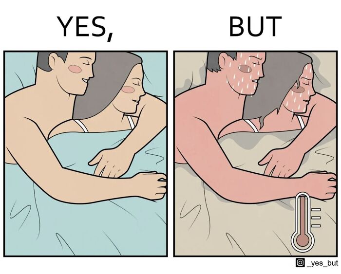 Romantické objatie versus realita nočného tepla: teplomer zobrazuje potenie.