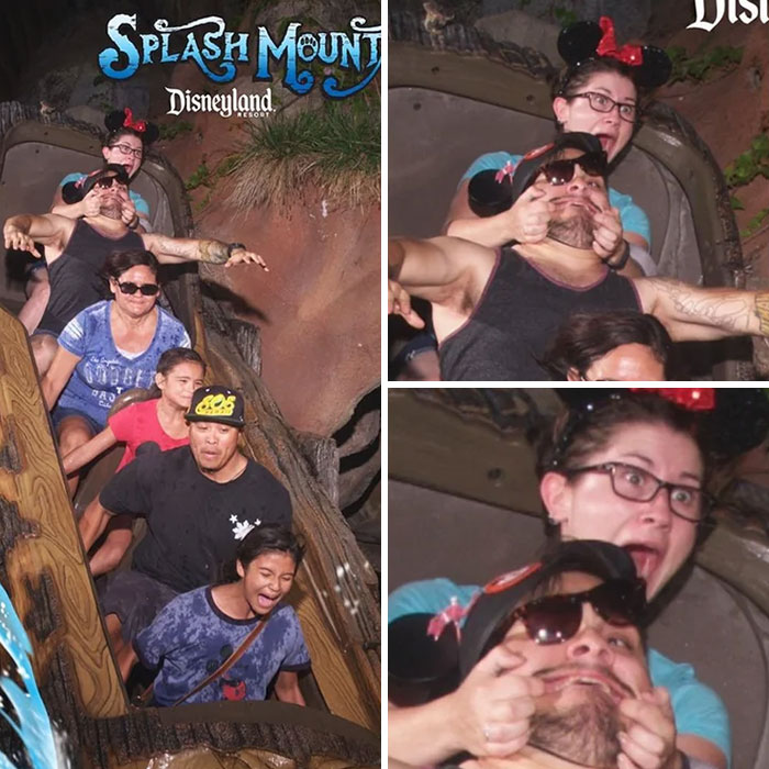 Skupinová jazda na atrakcii Splash Mountain v Disneylande s rôznymi vtipnými a vystrašenými výrazmi tvárí.